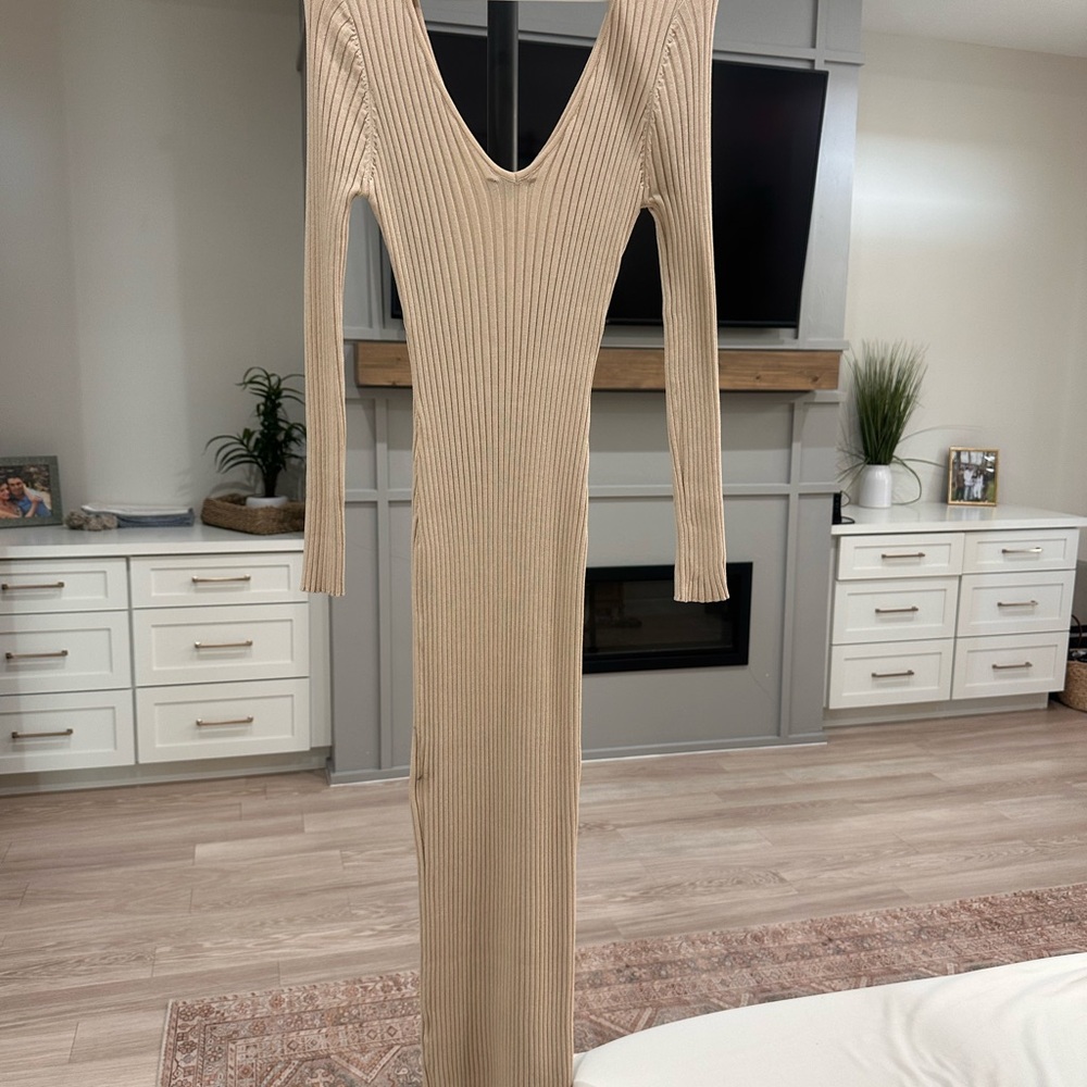 Hera Collection Beige Ribbed Long Sleeve Dress